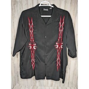 Vintage Dragonfly Button Up Shirt Mens 3XL Black Red‎ Tribal Flames Embroidered